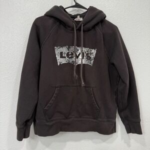 Levi's Womens Hoodie Sweatshirt Black‎ Sequins Logo Drawstring Hood Pockets S